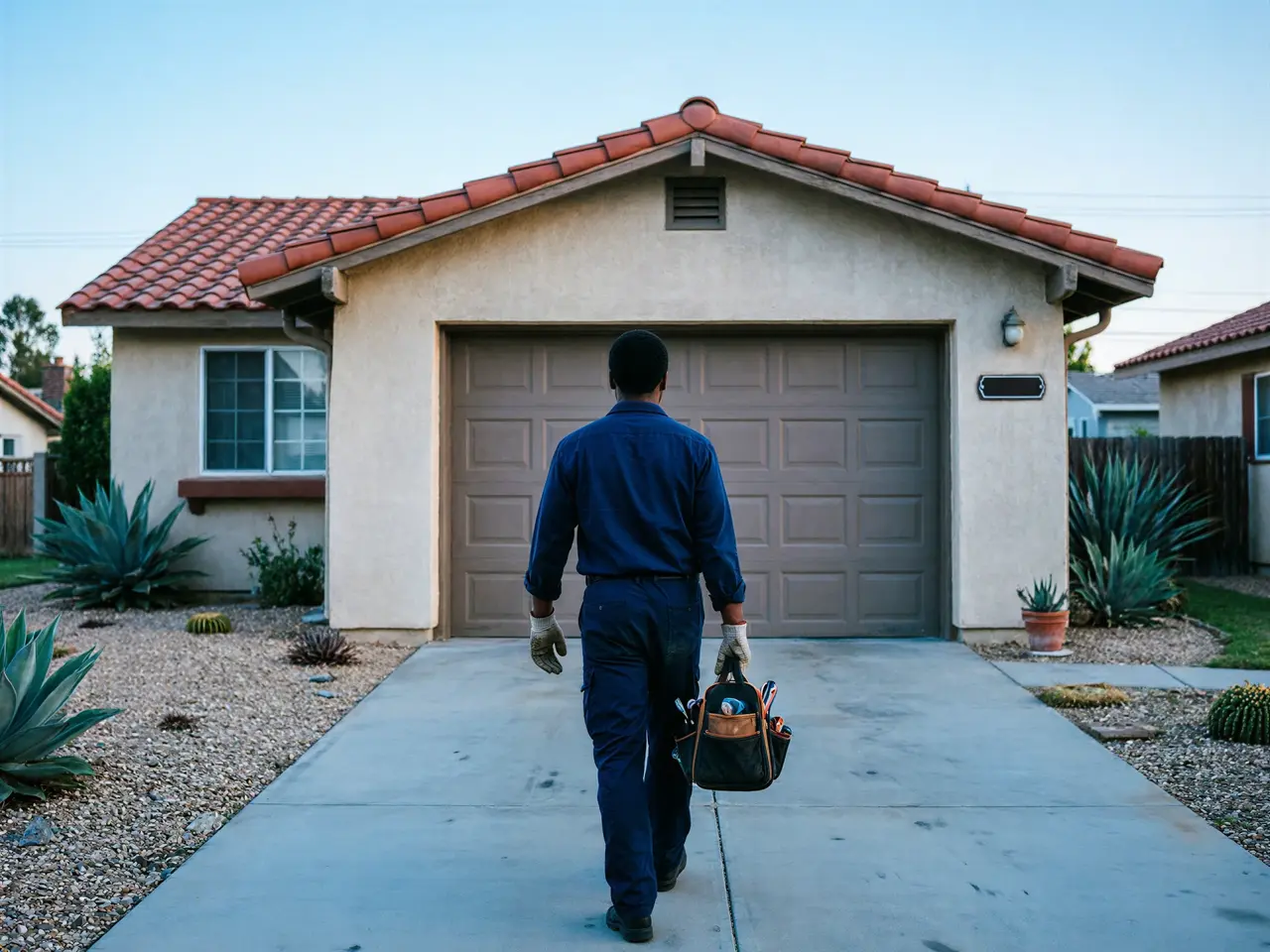A technician walks toward a house with a brown garage door and a red tile roof.
