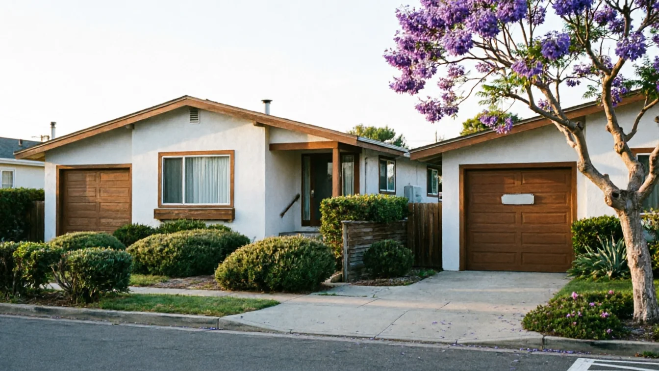Two houses with brown garage doors and a purple flowering tree in the foreground.