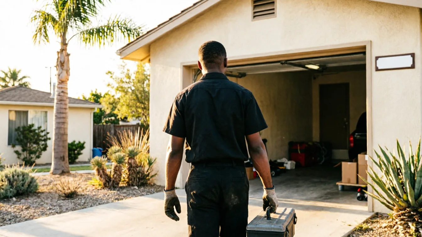 A technician walks toward an open garage door with a toolbox.