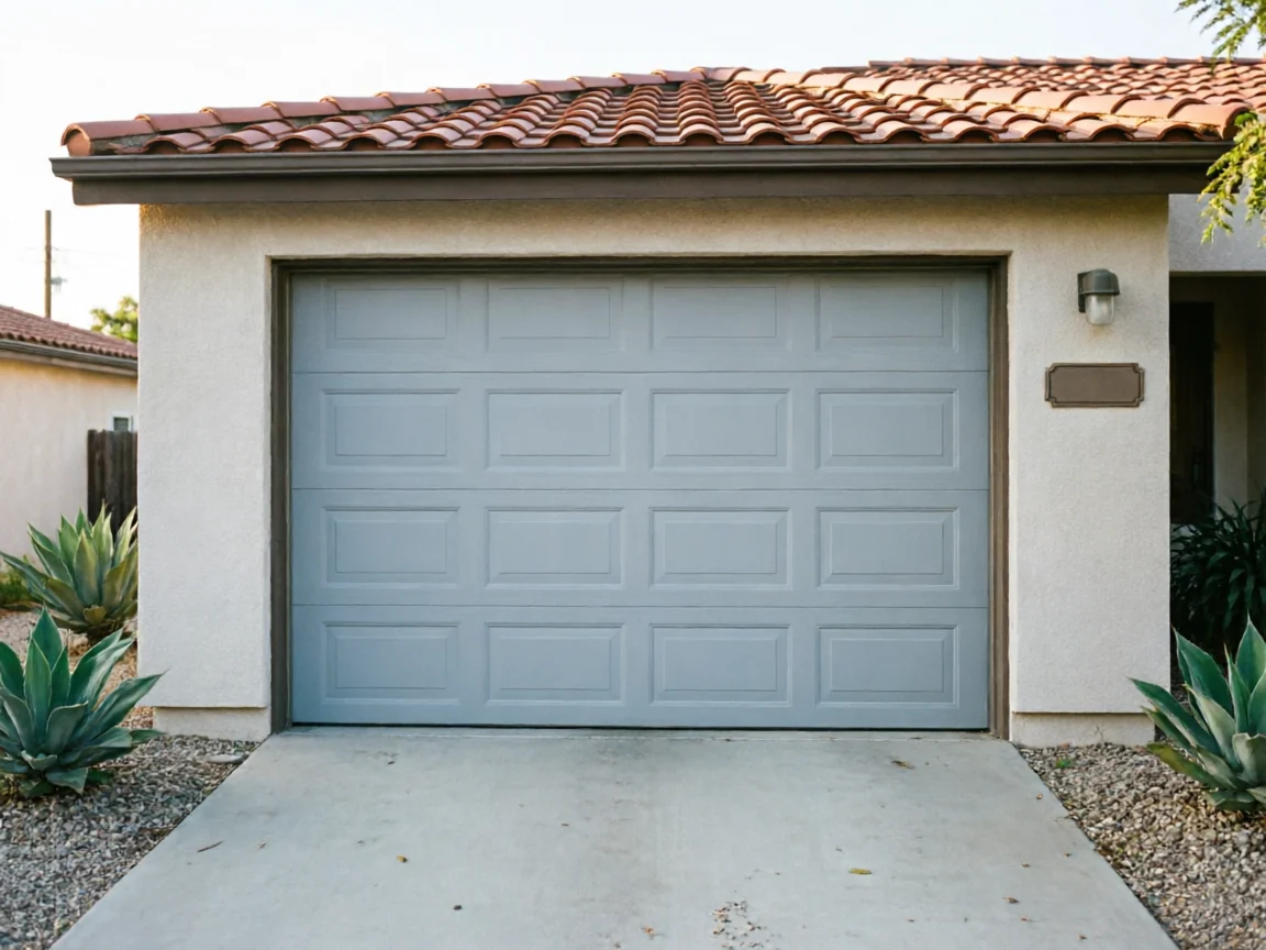The light gray garage door is closed on a stucco house with a tile roof.