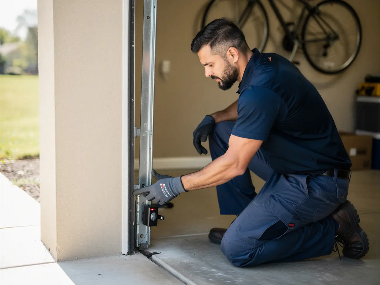 A technician kneels, adjusting a garage door sensor on the track.