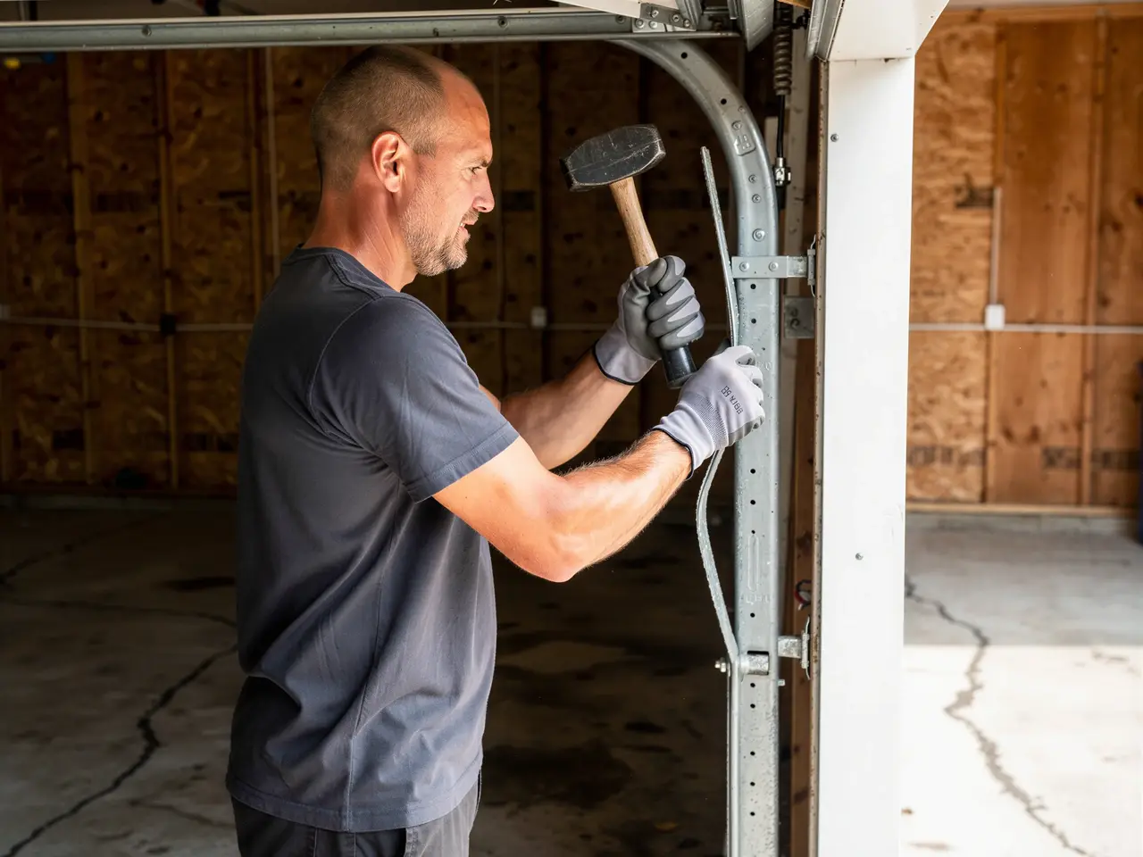 A technician in gloves uses a hammer on a garage door track.